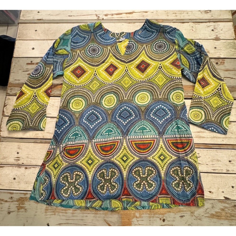 BOHO Tunic Blouse Pullover LngSlv mandala print multicolored Size L Made India